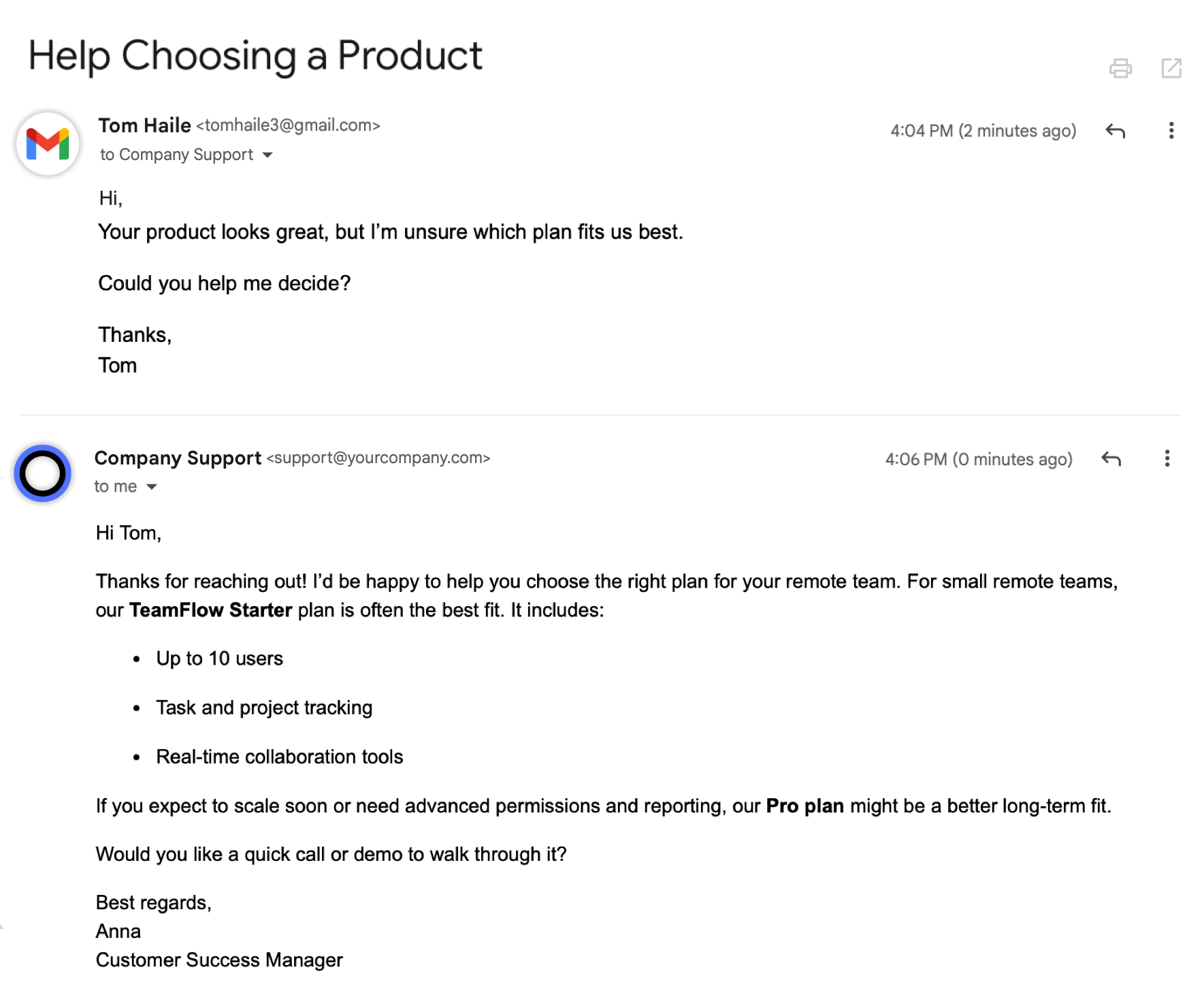 AI email assistant giving product recommendations